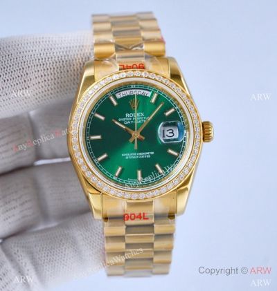 Swiss Replica Rolex Day-date President 36 Swiss 2836 Watch Olive Green Diamond Bezel